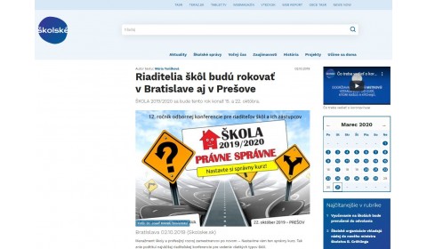 www.skolske.sk – 02.10.2019: Riaditelia škôl budú rokovať v Bratislave aj v Prešove 