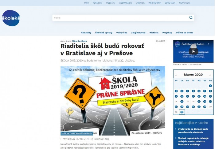www.skolske.sk – 02.10.2019: Riaditelia škôl budú rokovať v Bratislave aj v Prešove 