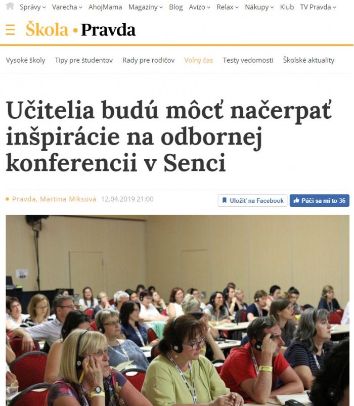 pravda.sk – 12.4.2019: Učitelia budú môcť načerpať inšpirácie na odbornej konferencii v Senci 