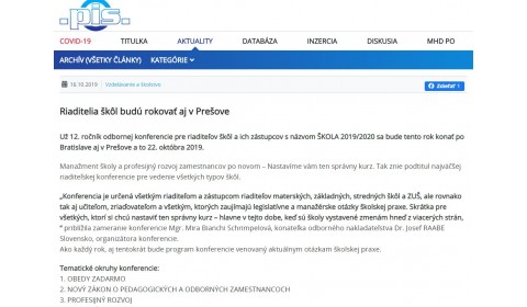 pis.sk – 16.10.2019: Riaditelia škôl budú rokovať aj v Prešove