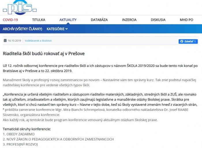 pis.sk – 16.10.2019: Riaditelia škôl budú rokovať aj v Prešove