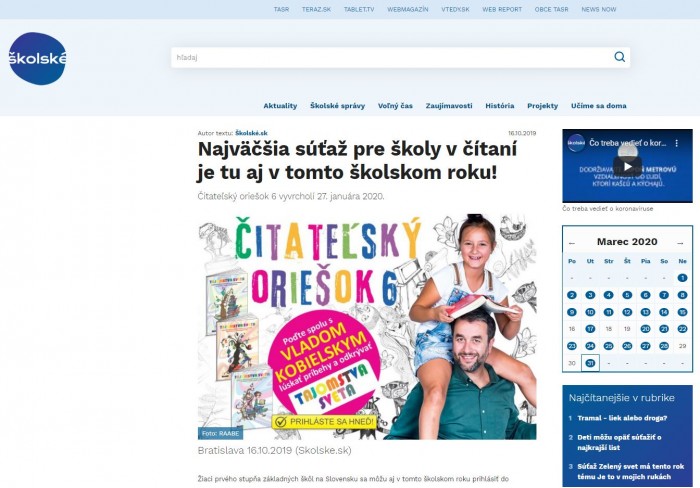 www.skolske.sk – 16.10.2019: Najväčšia súťaž pre školy v čítaní je tu aj v tomto školskom roku!