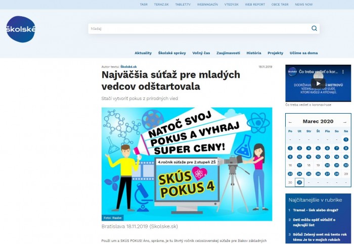 www.skolske.sk – 18.11.2019: Najväčšia súťaž pre mladých vedcov odštartovala