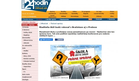 24hod.sk – 02.10.2019: Riaditelia škôl budú rokovať v Bratislave aj v Prešove