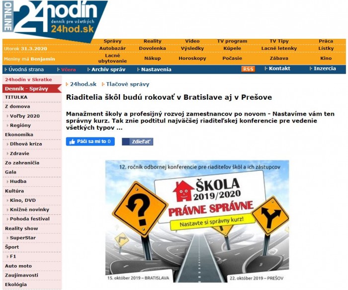 24hod.sk – 02.10.2019: Riaditelia škôl budú rokovať v Bratislave aj v Prešove