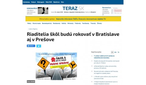 teraz.sk – 02.10.2019:  Riaditelia škôl budú rokovať v Bratislave aj v Prešove