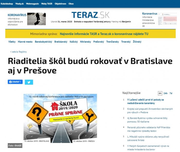 teraz.sk – 02.10.2019:  Riaditelia škôl budú rokovať v Bratislave aj v Prešove