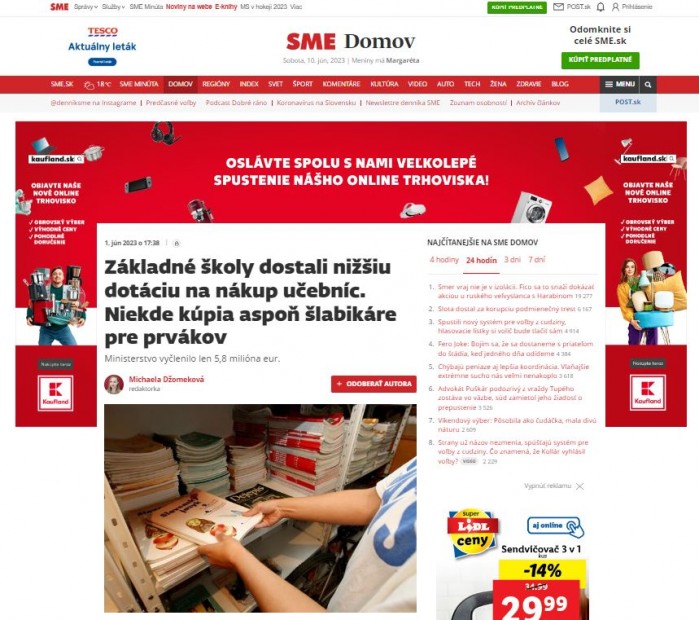 sme.sk – 1.6.2023: Základné školy dostali nižšiu dotáciu na nákup učebníc 