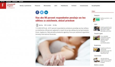 www.finreport.sk – 11.3.2023: Viac ako 90 percent respondentov považuje sex bez súhlasu za znásilnenie, ukázal prieskum
