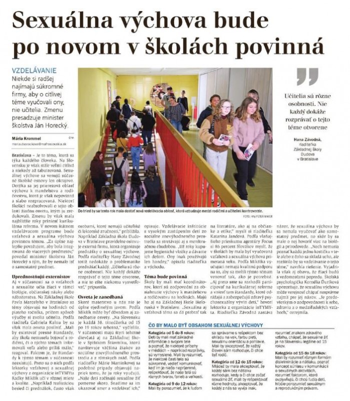 Hospodárske noviny – 12.1.2023: Sexuálna výchova bude po novom v školách povinná
