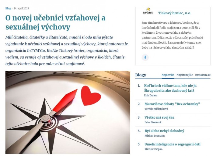 www.postoj.sk – 14.4.2023: O novej učebnici vzťahovej a sexuálnej výchovy