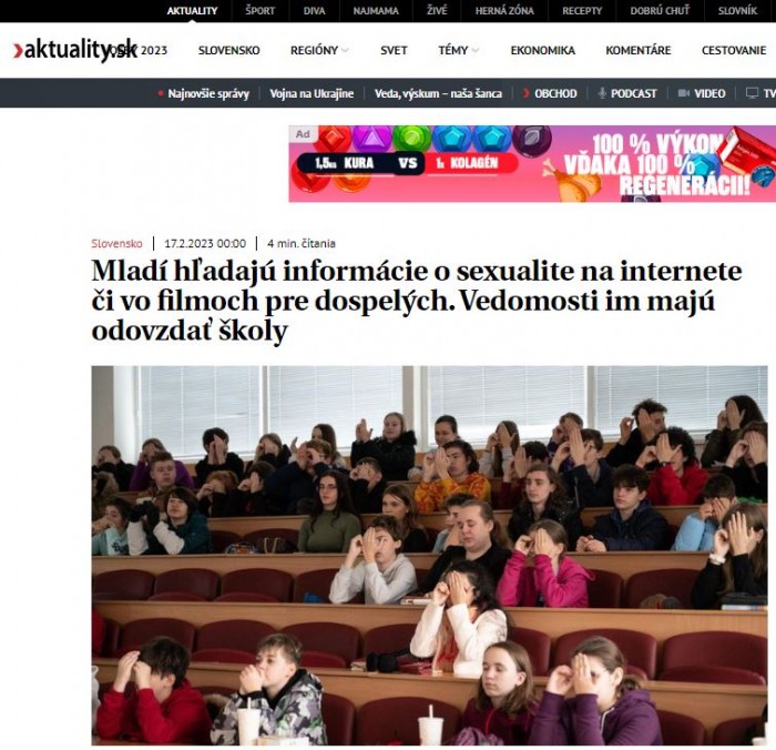 www.aktuality.sk – 17.2.2023: Mladí hľadajú informácie o sexualite na internete či vo filmoch pre dospelých. Vedomosti im majú odovzdať školy