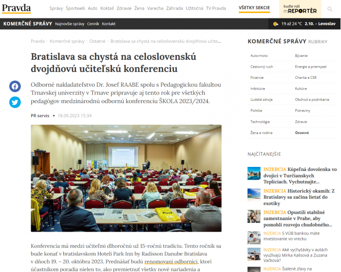 pravda.sk – 18.09.2023: Bratislava sa chystá na celoslovenskú dvojdňovú učiteľskú konferenciu