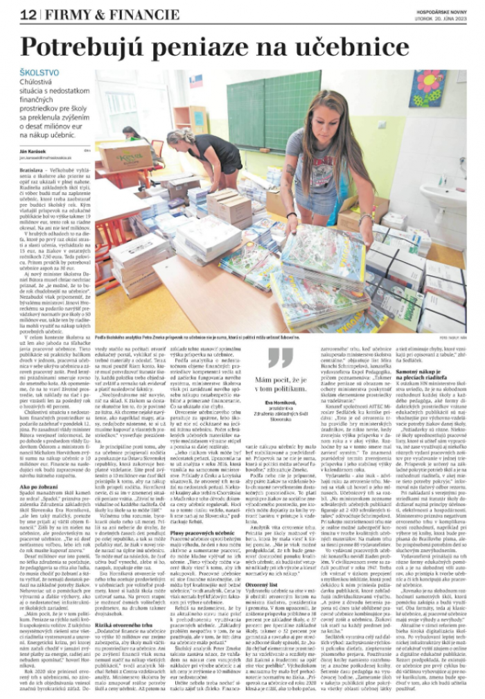 Hospodárske noviny – 20.06.2023 – Potrebujú peniaze na učebnice