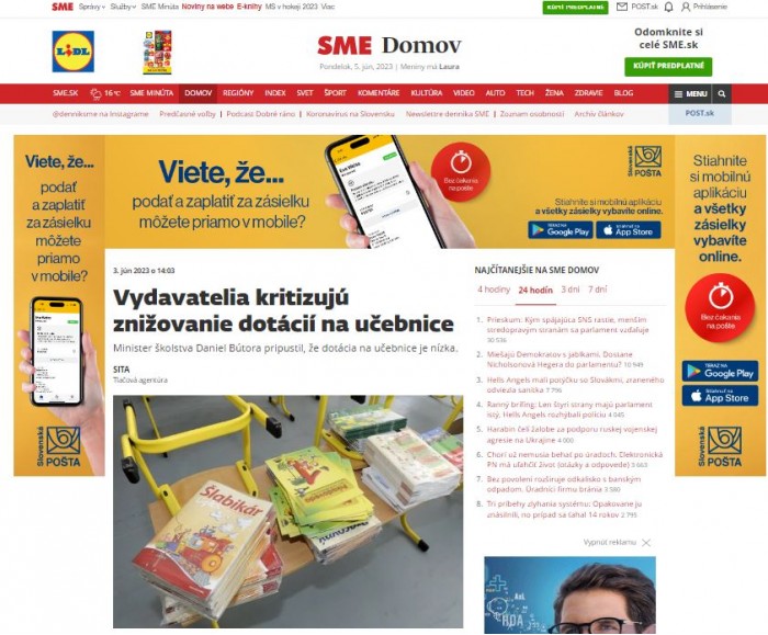 sme.sk – 3.6.: Vydavatelia kritizujú znižovanie dotácií na učebnice