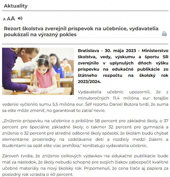 zmos.sk – 30.5.2023: Rezort školstva zverejnil príspevok na učebnice, vydavatelia poukázali na výrazný pokles