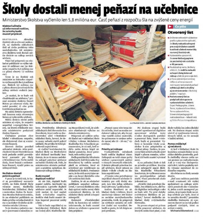 SME – 5.6.2023: Školy dostali menej peňazí na učebnice