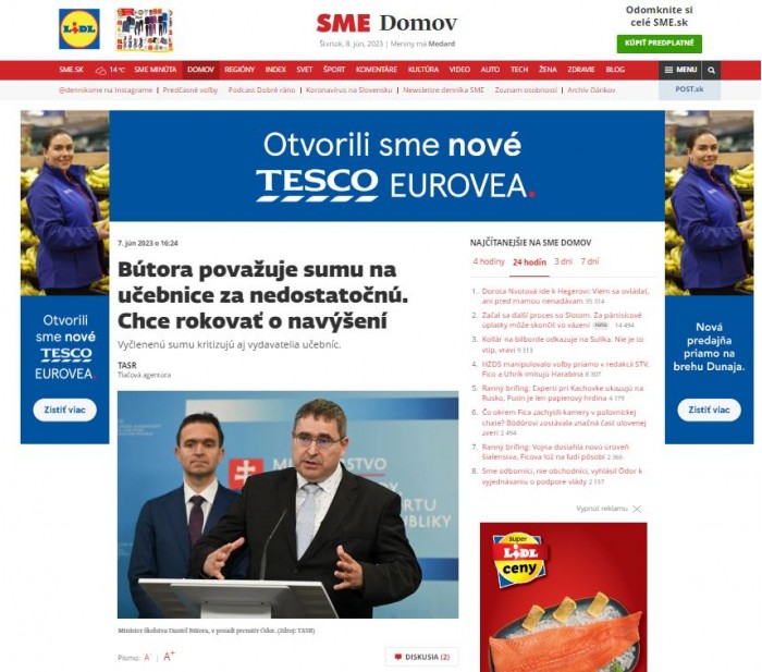 sme.sk – 7.6.2023: Bútora považuje sumu na učebnice za nedostatočnú. Chce rokovať o navýšení 
