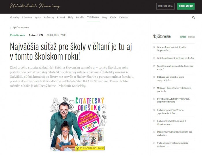 ucn.sk – 30.09.2019: Najväčšia súťaž pre školy v čítaní je tu aj v tomto školskom roku!
