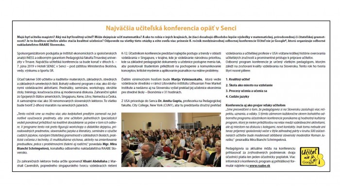 Hospodárske noviny – 9.5.2019: Najväčšia učiteľská konferencia opäť v Senci