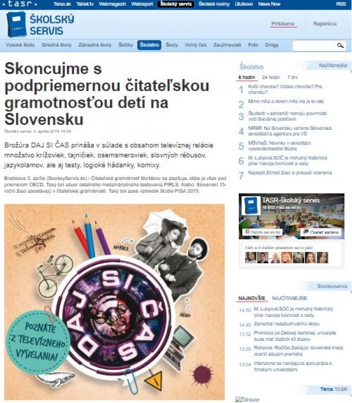 skolskyservis.sk – 5. 4. 2018: Skoncujme s podpriemernou čitateľskou gramotnosťou detí na Slovensku