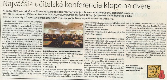 Hospodárske noviny  – 21. 5. 2018: Najväčšia učiteľská konferencia klope na dvere