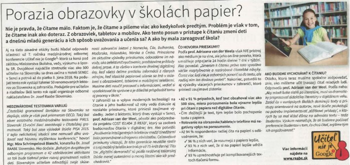Hospodárske noviny  – 7. 6. 2018: Porazia obrazovky v školách papier?