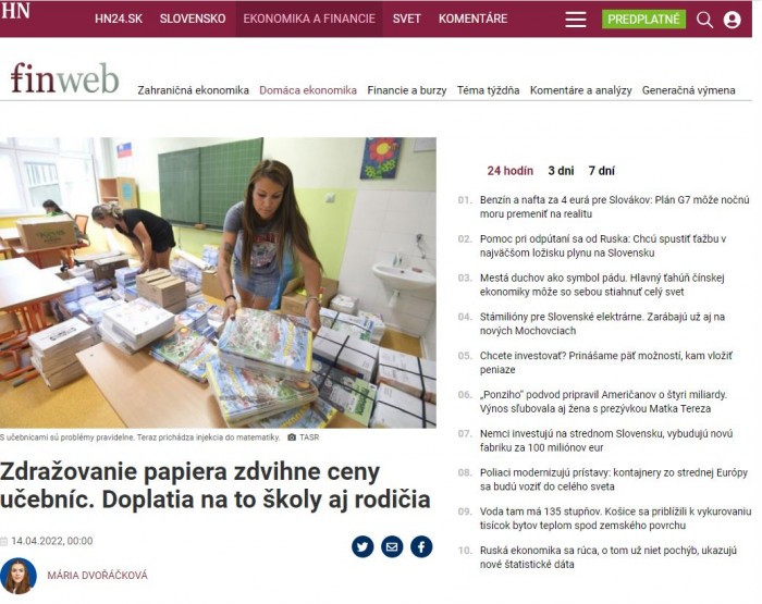 hnonline.sk – 14.4.2022: Zdražovanie papiera zdvihne ceny učebníc. Doplatia na to školy aj rodičia.