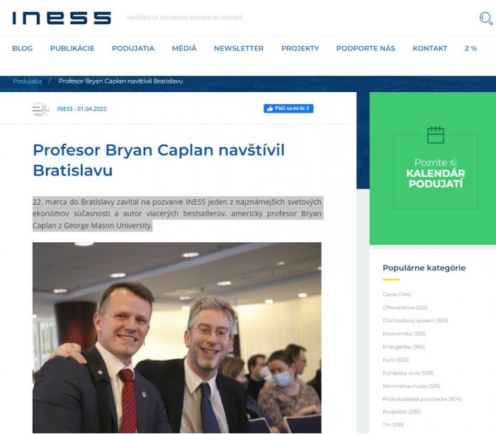 iness.sk – 25.3.2022: Profesor Bryan Caplan navštívil Bratislavu