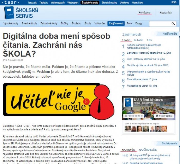 skolskyservis.sk – 7. 6. 2018: Digitálna doba mení spôsob čítania. Zachráni nás ŠKOLA?