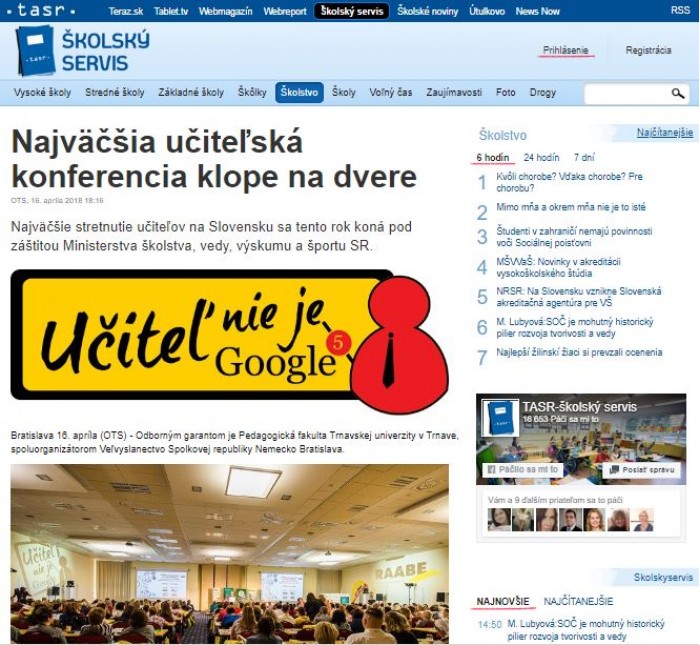 skolskyservis.sk – 16. 4. 2018: Najväčšia učiteľská konferencia klope na dvere