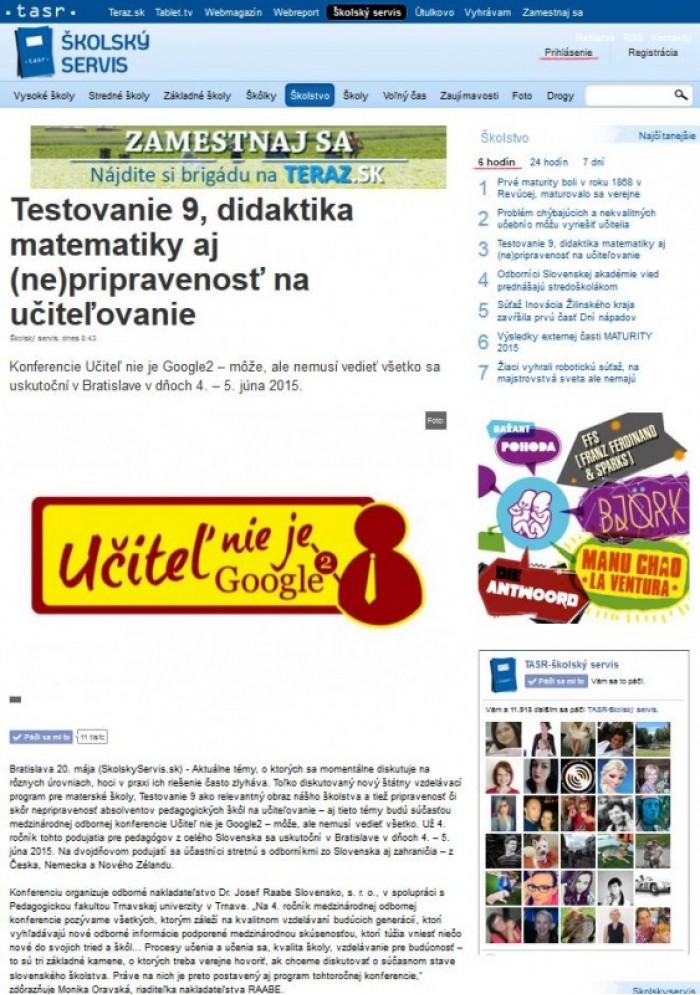 skolskyservis.sk – 20. 5. 2015: Testovanie 9, didaktika matematiky aj (ne)pripravenosť na učiteľovanie 