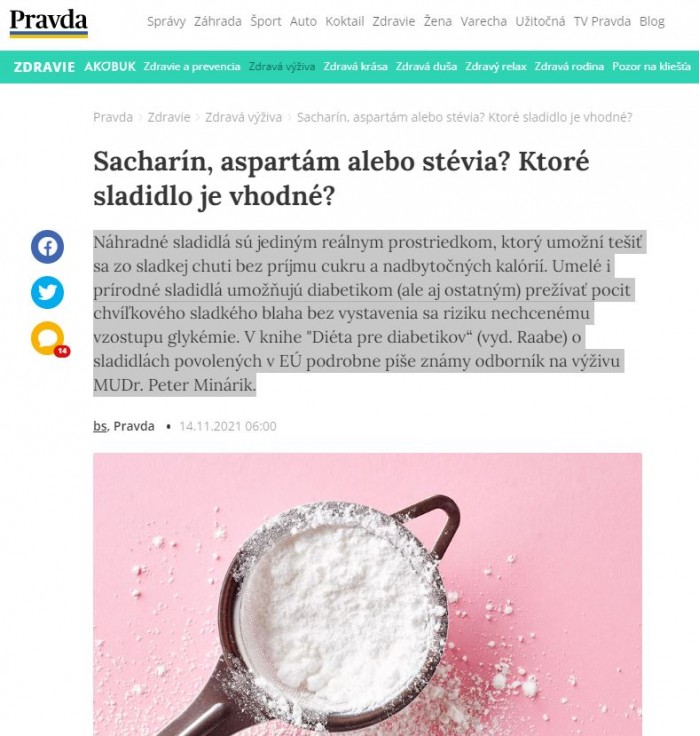 Pravda.sk – 14.11.2021: Sacharín, aspartám alebo stévia?