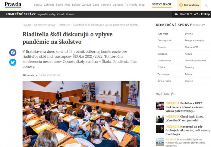 Pravda.sk – 14.10.2021: Riaditelia škôl diskutujú o vplyve pandémie na školstvo