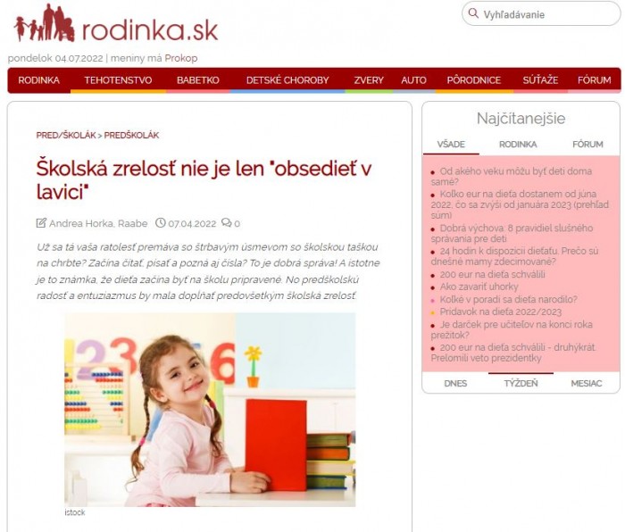 Rodinka.sk – 7.4.2022: Školská zrelosť nie len „obsedieť v lavici“