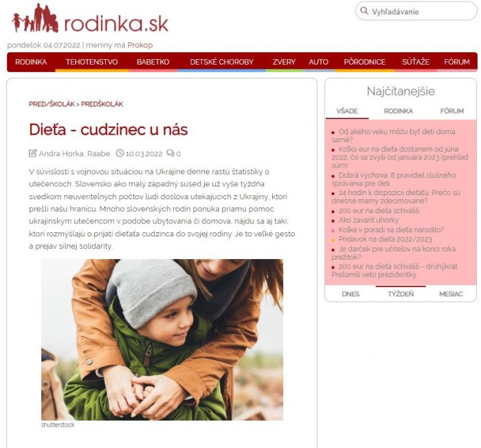 Rodinka.sk – marec 2022 : Dieťa cudzinec u nás  