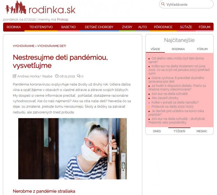 Rodinka.sk – 8.11.2021: Nestresujme deti pandémiou, vysvetľujme