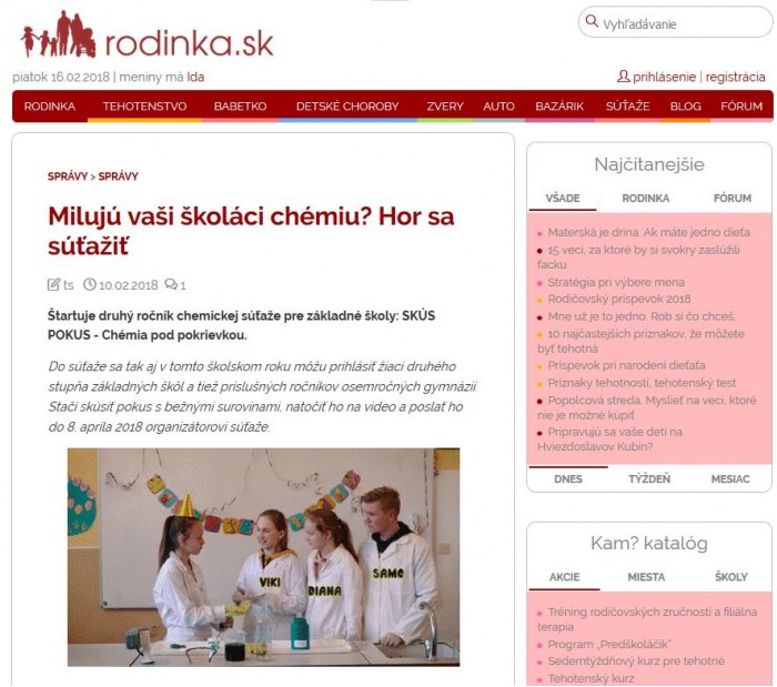 rodinka.sk – 10. 2. 2018: Milujú vaši školáci chémiu? Hor sa súťažiť