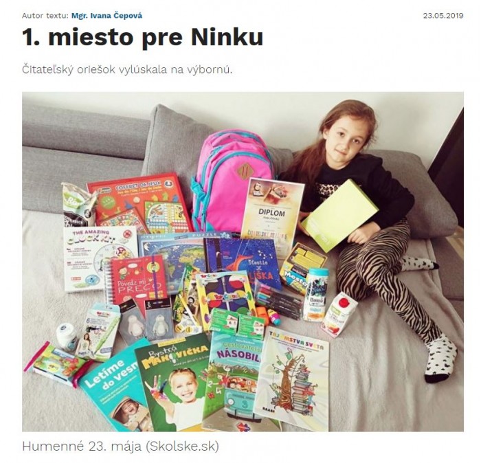 www.skolske.sk – 23.5.2019: Prvé miesto pre Ninku