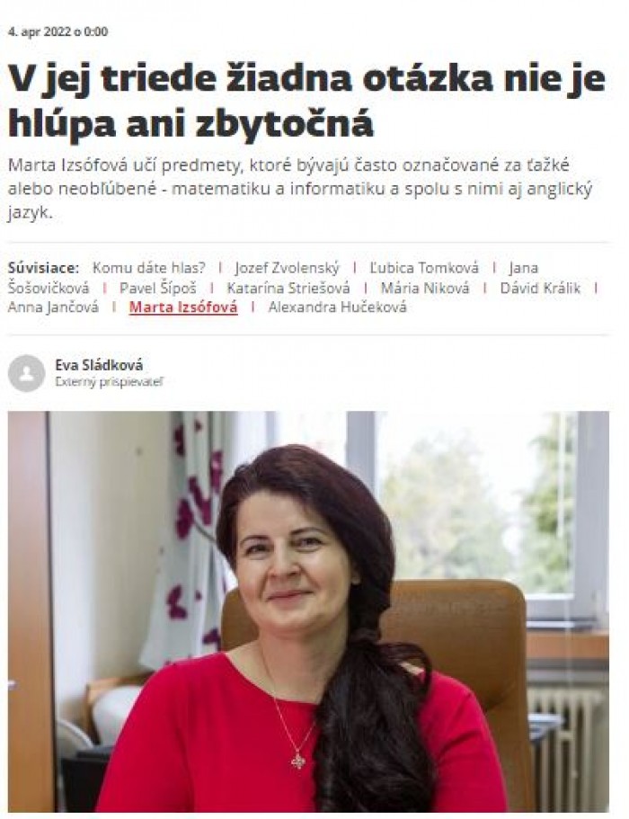 sme.sk – 4.4.2022: V jej triede žiadna otázka nie je hlúpa ani zbytočná