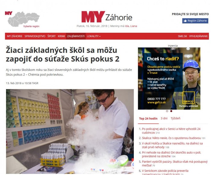 sme.sk – 13. 2. 2018: Žiaci základných škôl sa môžu zapojiť do súťaže Skús pokus 2  