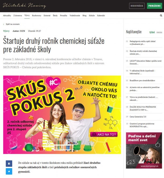 ucn.sk – 13. 2. 2018: Štartuje druhý ročník chemickej súťaže pre základné školy