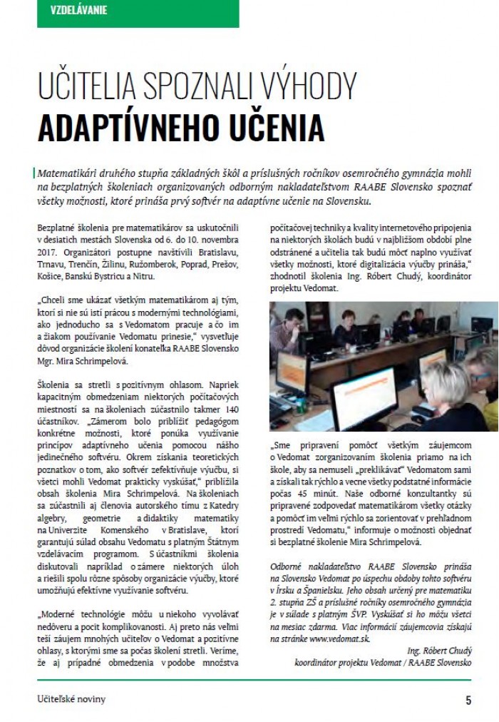 Učiteľské noviny – január 2018, strana 5: UČITELIA SPOZNALI VÝHODY ADAPTÍVNEHO UČENIA