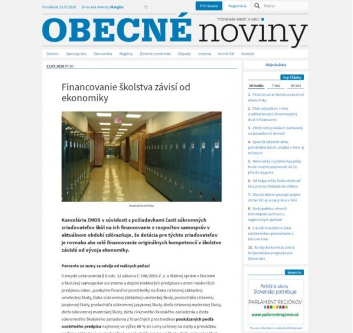 obecne-noviny.sk – 13.7.2020: Financovanie školstva závisí od ekonomiky