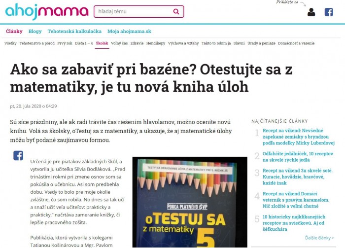 pravda.sk – 20.7.2020: Ako sa zabaviť pri bazéne? Otestujte sa z matematiky, je tu nová kniha úloh