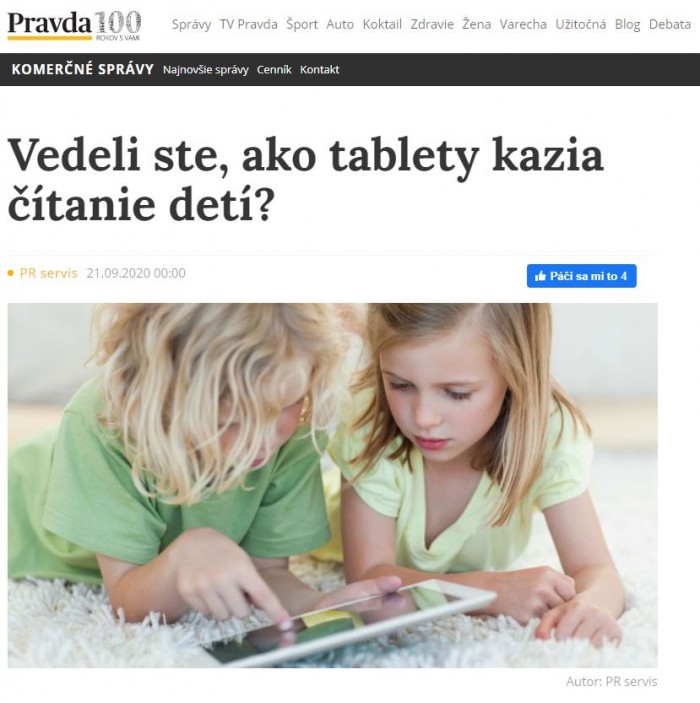pravda.sk – 21.9.2020: Vedeli ste, ako tablety kazia čítanie detí?