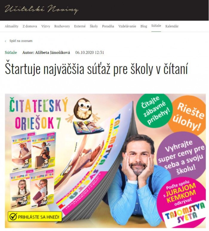 ucn.sk – 6.10.2020: Štartuje najväčšia súťaž pre školy v čítaní