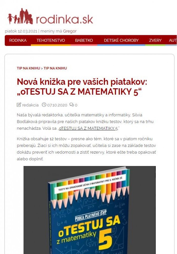 rodinka.sk – 8.10.2020: Nová knižka pre vašich piatakov: „oTESTUJ SA Z MATEMATIKY 5“