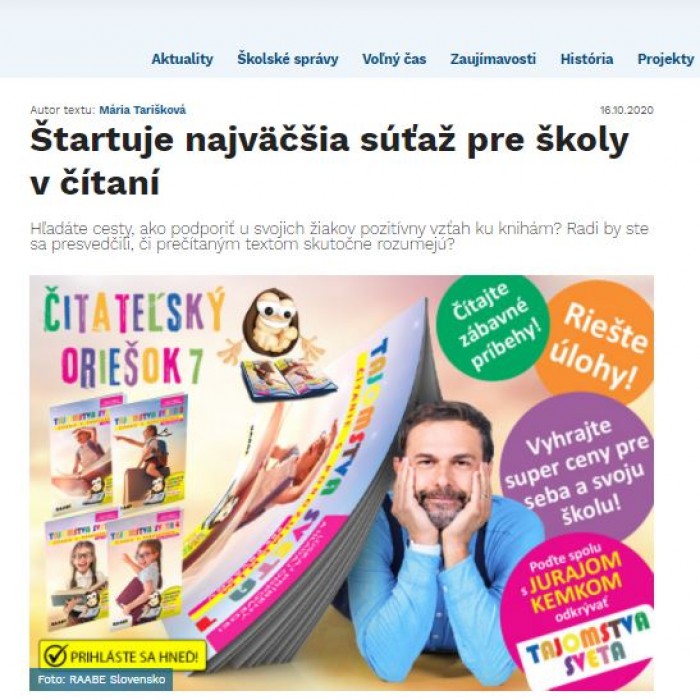 skolske.sk – 16.10.2020: Štartuje najväčšia súťaž pre školy v čítaní