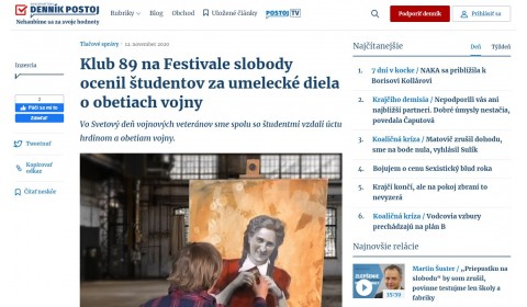 postoj.sk – 12.11.2020: Klub 89 na Festivale slobody ocenil študentov za umelecké diela o obetiach vojny